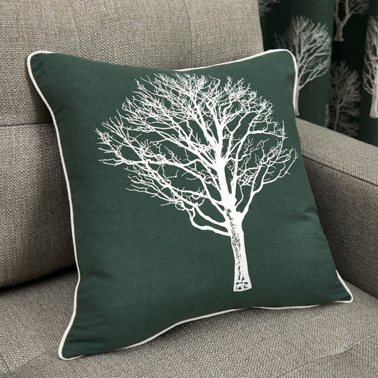 Woodland Trees Cushion in Bottle Green 43 x 43cm
