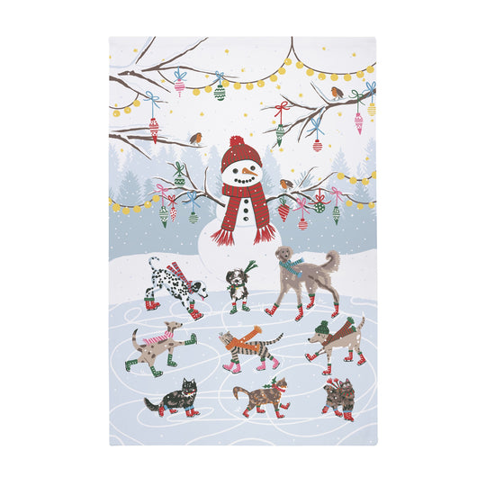 Christmas Ice Skating Animals Tea Towel - Cotton One Size in Blue