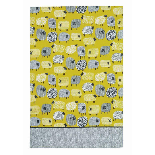 Dotty Sheep Cotton Tea Towel in Yellow