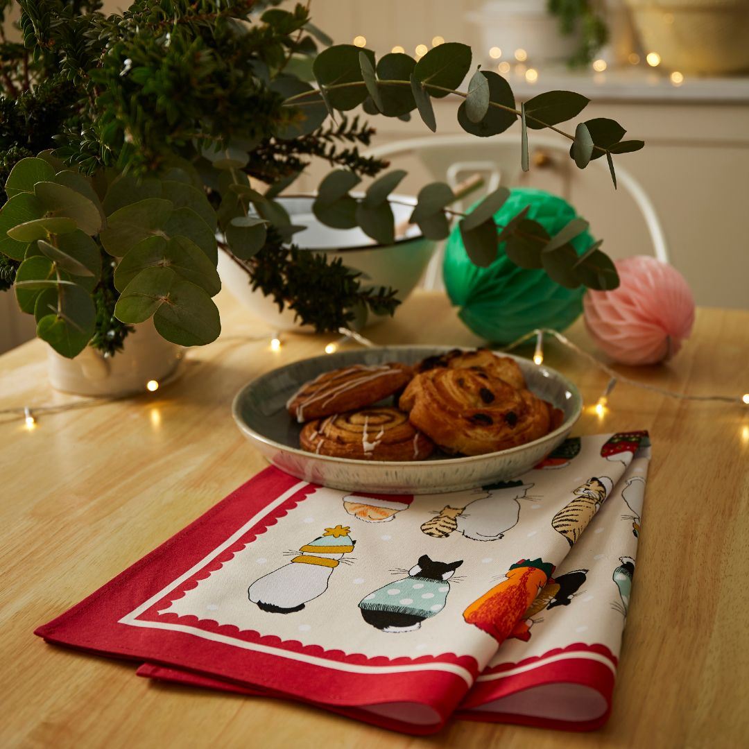 Ulster Weavers Recycled Cotton Tea Towel - Christmas Cats in Waiting (Red) -  - Ulster Weavers